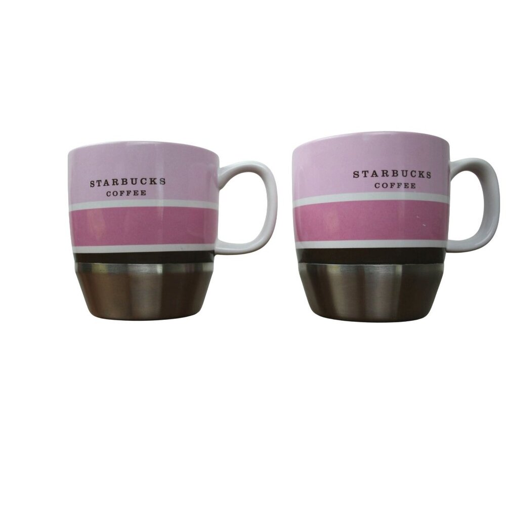 Starbucks Coffee Pink & Stainless Steel Ceramic Mugs 10oz Set Of 2 Durable & Sty